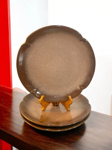 Frankoma Pottery Plainsman Prairie Brown 10” Dinner Plates 5F Scalloped Set of 3