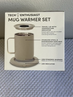 Tech Enthusiast USB Powered Stainless Steel Mug Warmer Set with Lid & Temp Indi 
