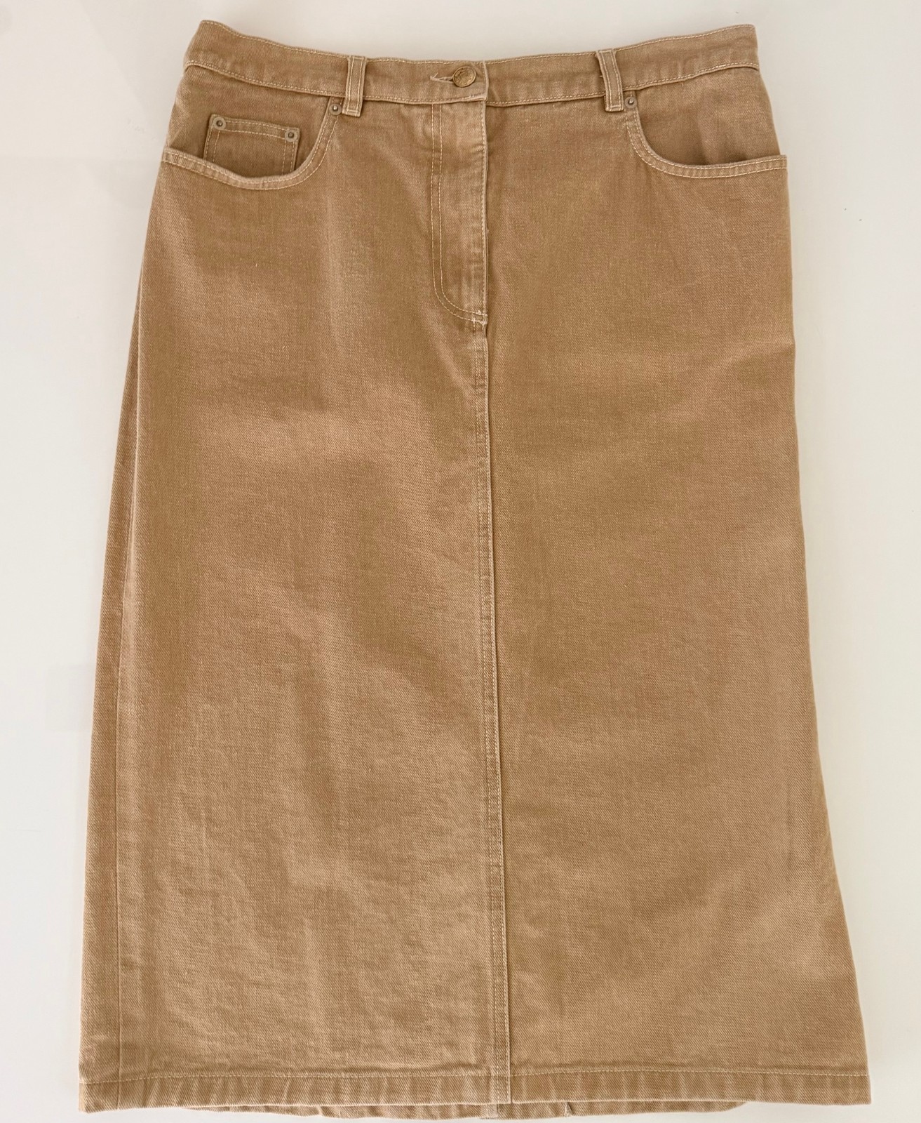 MAX MARA Italy Twill Denim Midi Skirt A-Line High Waist 48 = 14 Camel Tan VTG 90 image 2
