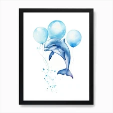 Baby Dolphin Flying With Ballons, W Framed Wall Art Poster Canvas Print Picture