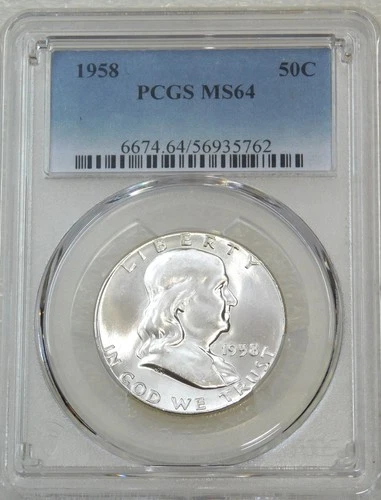 1958 P Franklin Half Dollar PCGS MS64 95% FBL White Frosty Luster PQ #H207W