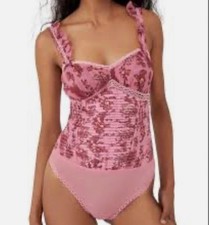FREE PEOPLE Sz Medium"Weekend Plans" Bodysuit Hot Pink Floral Sleeveless Cinched