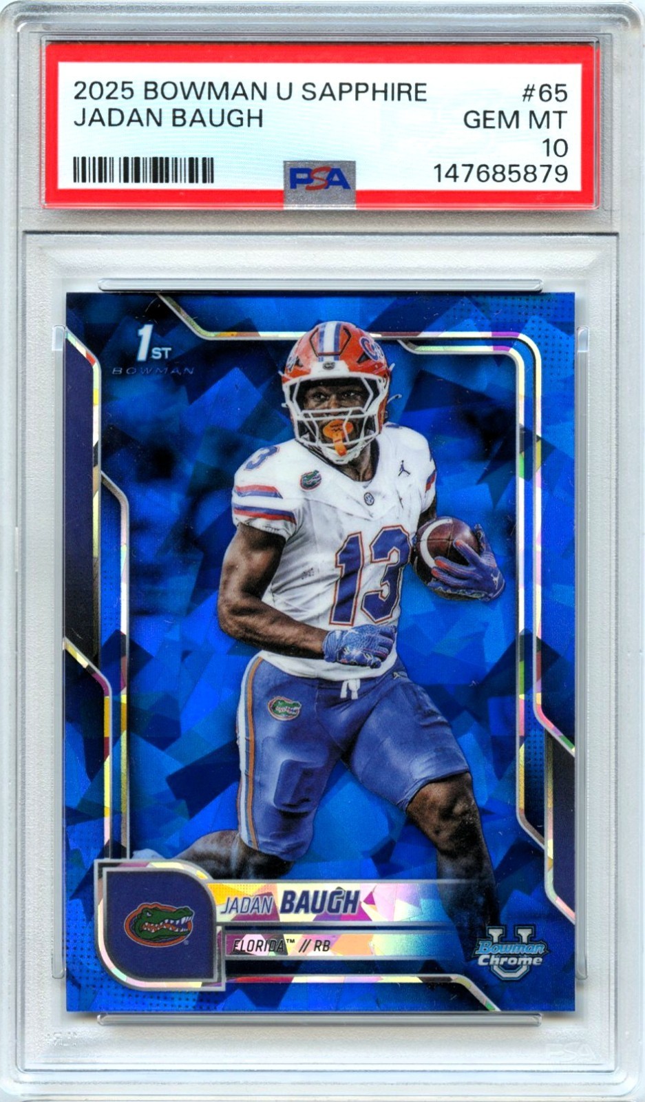 JADAN BAUGH RC 2025 BOWMAN U CHROME SAPPHIRE ROOKIE #65 PSA 10 GEM MINT