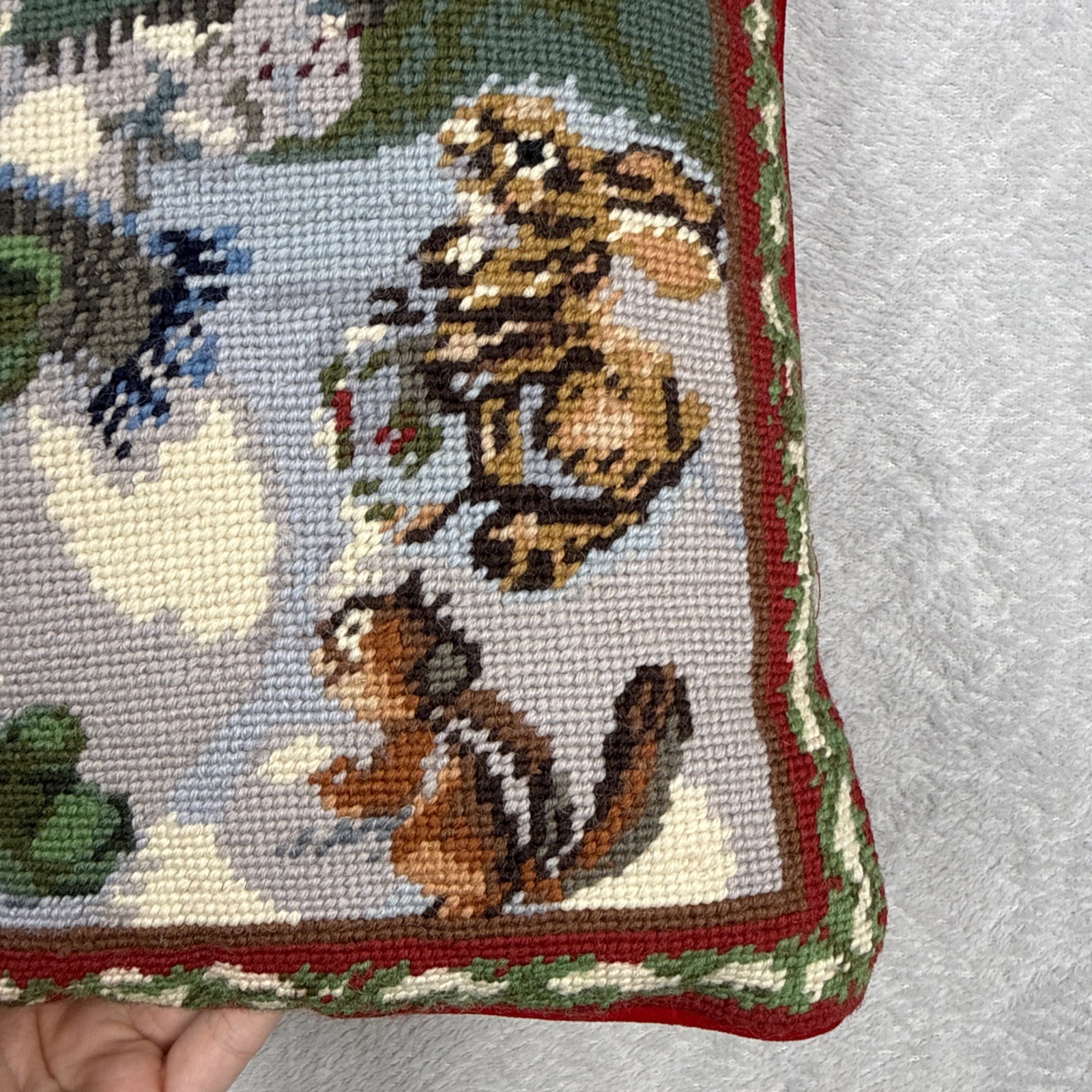Vtg Snowman Wool Needlepoint Throw Pillow 13" Woodland Animals Winter Squirrel