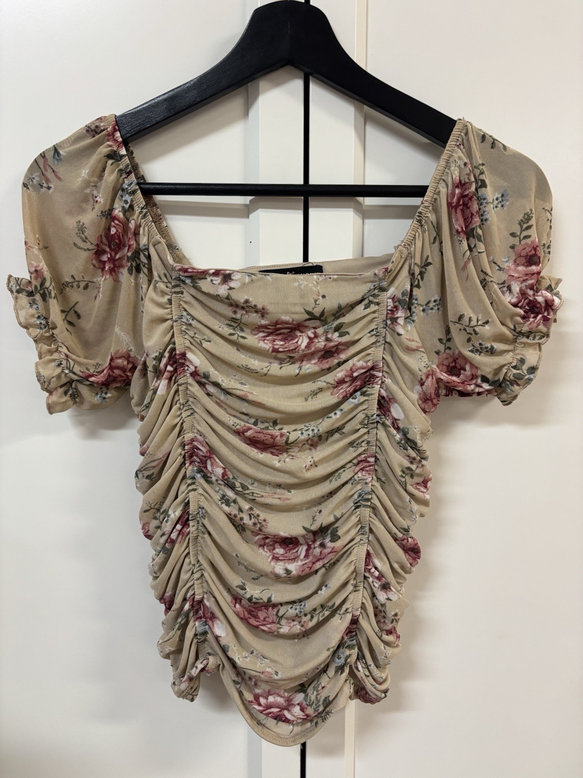 Ruched Floral Puff Sleeve Blouse in Beige Red Pink - Cute Lined Top Size S