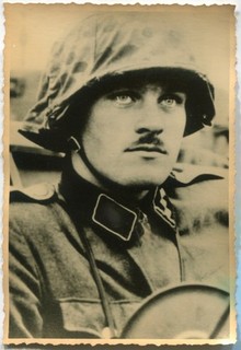 GERMAN WWII ARCHIVE PHOTO: ELITE TROOPS OFFICER IN HELMET NAME ON REVERSE