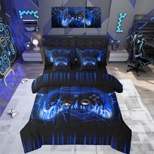 Kids Gaming Gamer 7 Piece Bedding Set Queen Size,Blue and Black Game Contolle...