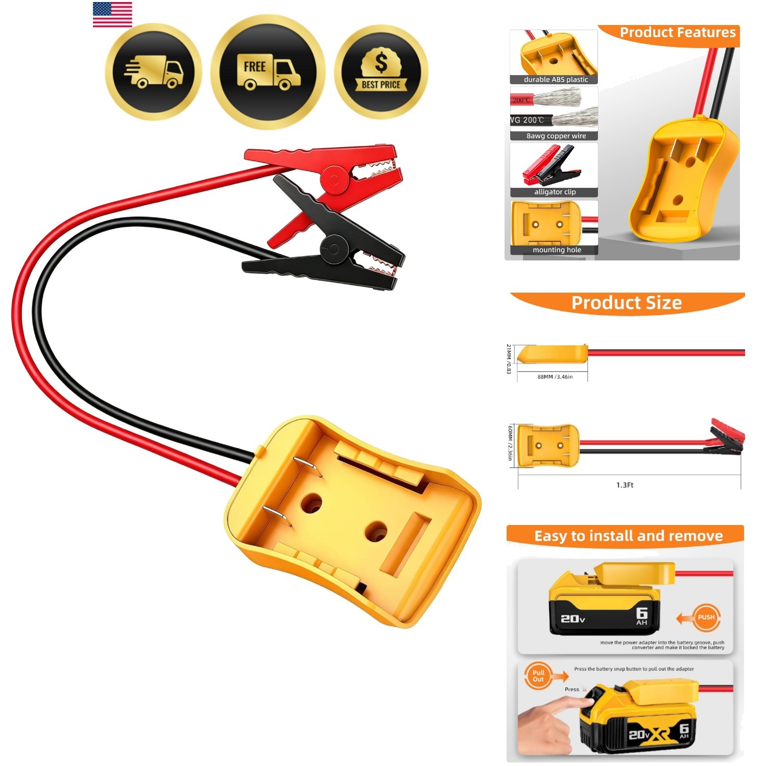 3ft jumper cable adapter compatible D.ewalt 20V,8Awg silicone wire