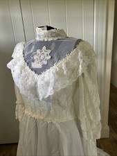 Vintage 1970  s Victorian Prairie Style White Wedding Dress Chiffon Over Satin