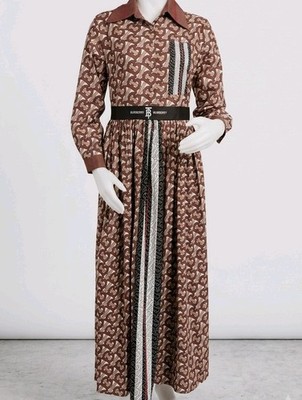 Lian Dian Yi Zhi Monogram Pleated Maxi Dress Brown Tan Long Sleeve Collar M
