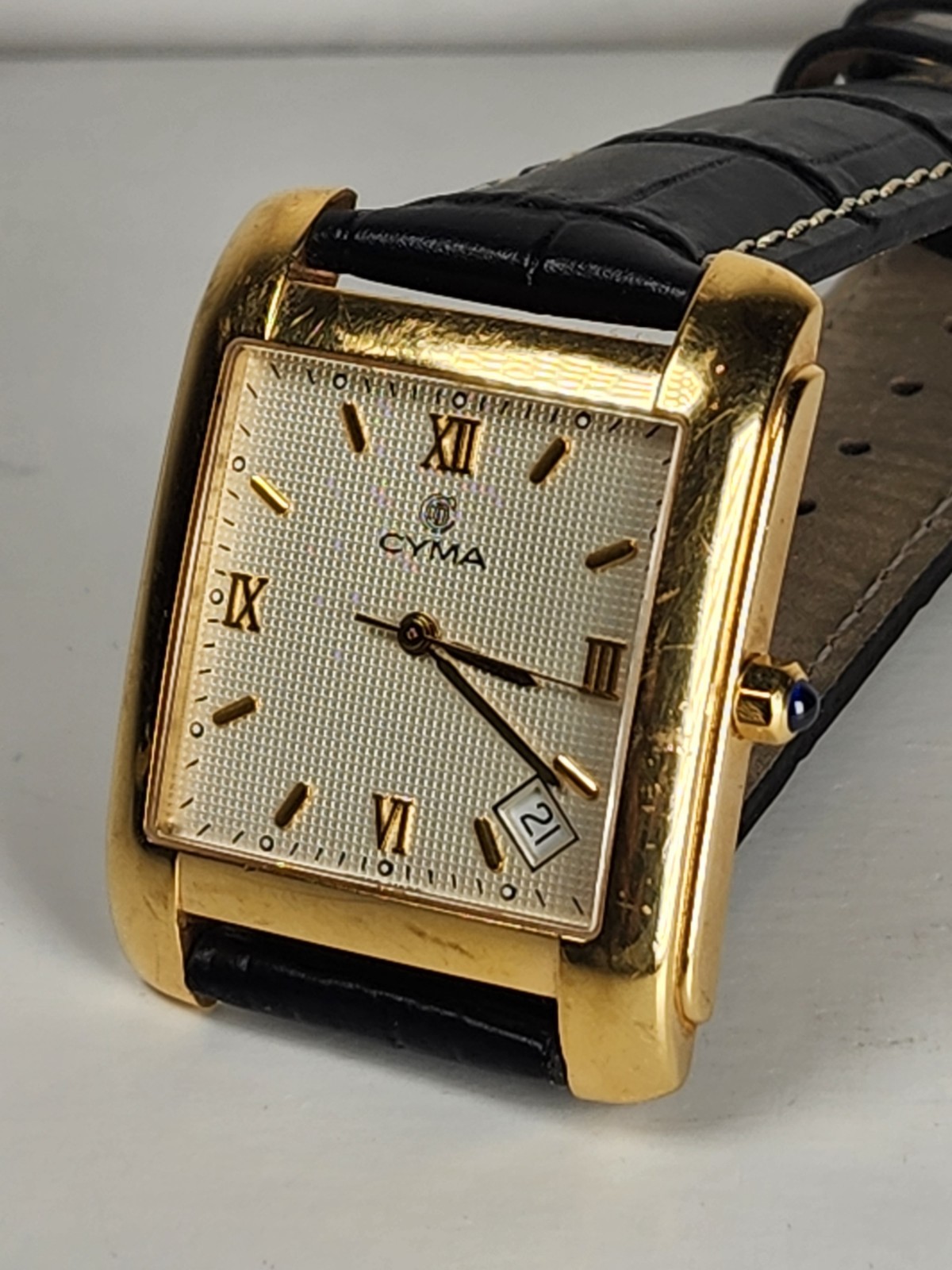 Cyma14k Solid Gold Rectangular Tank Watch & Date … - image 3
