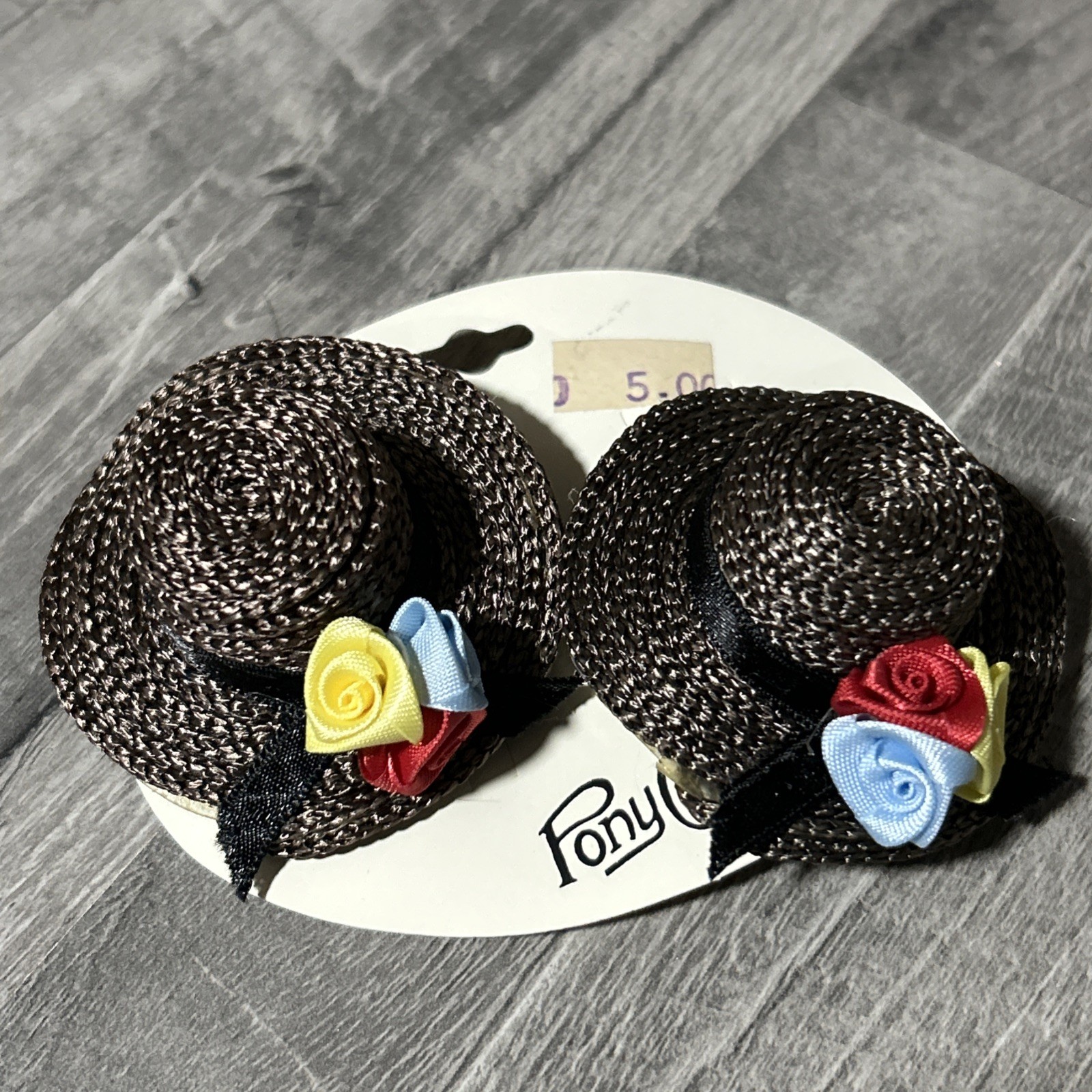 Vintage Set di 2 Barrette per Capelli Cappelli di Paglia Pettine Pony Co W16