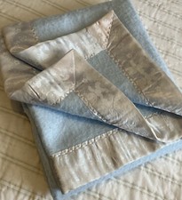 Vintage Quiltex Blue Baby Blanket Teddy Bear Floral Printed Satin Trim USA 38x43