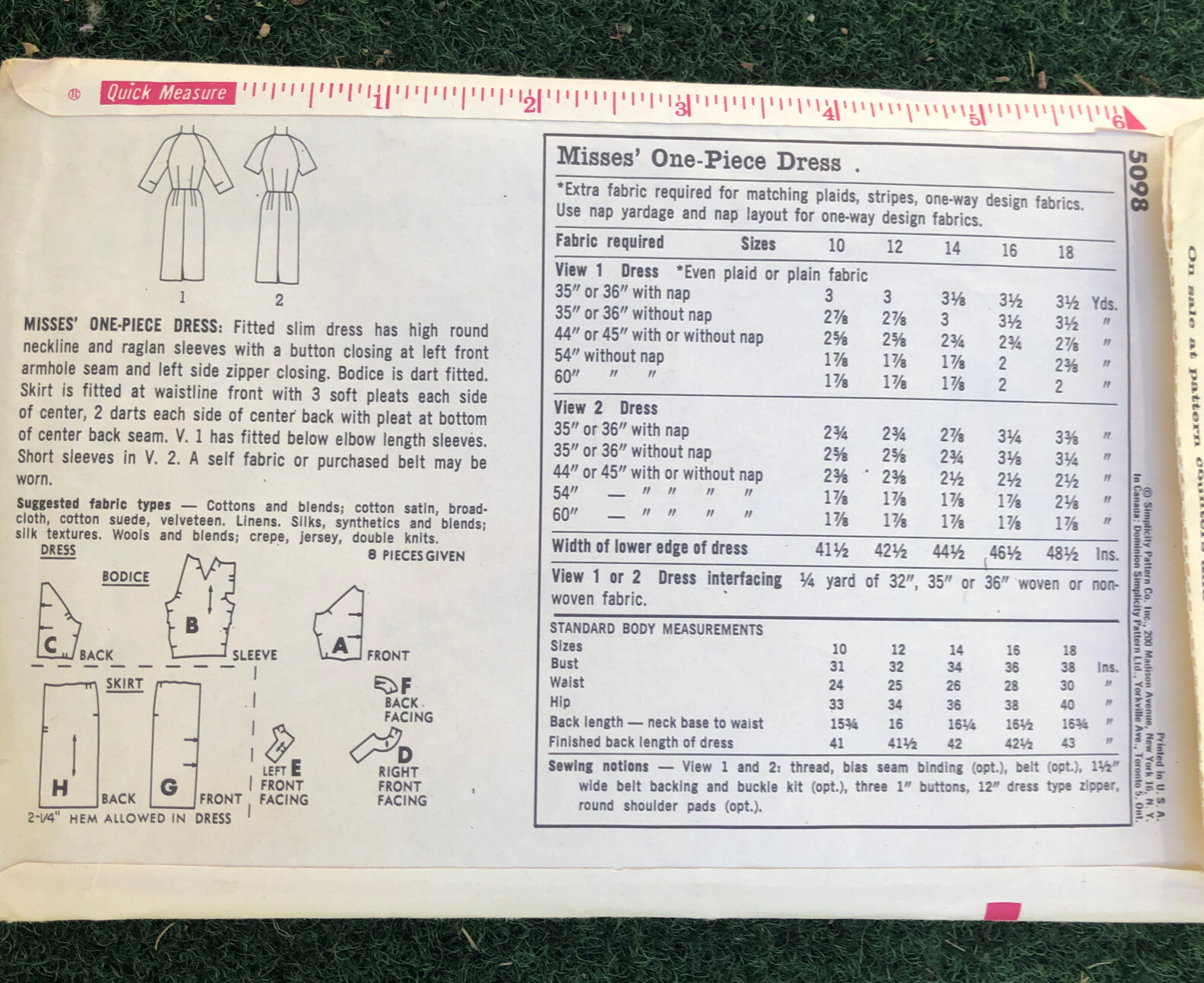 Vtg Simplicity Pattern #5098 Misses One Piece Fitted Slim Dress Size 18 ...