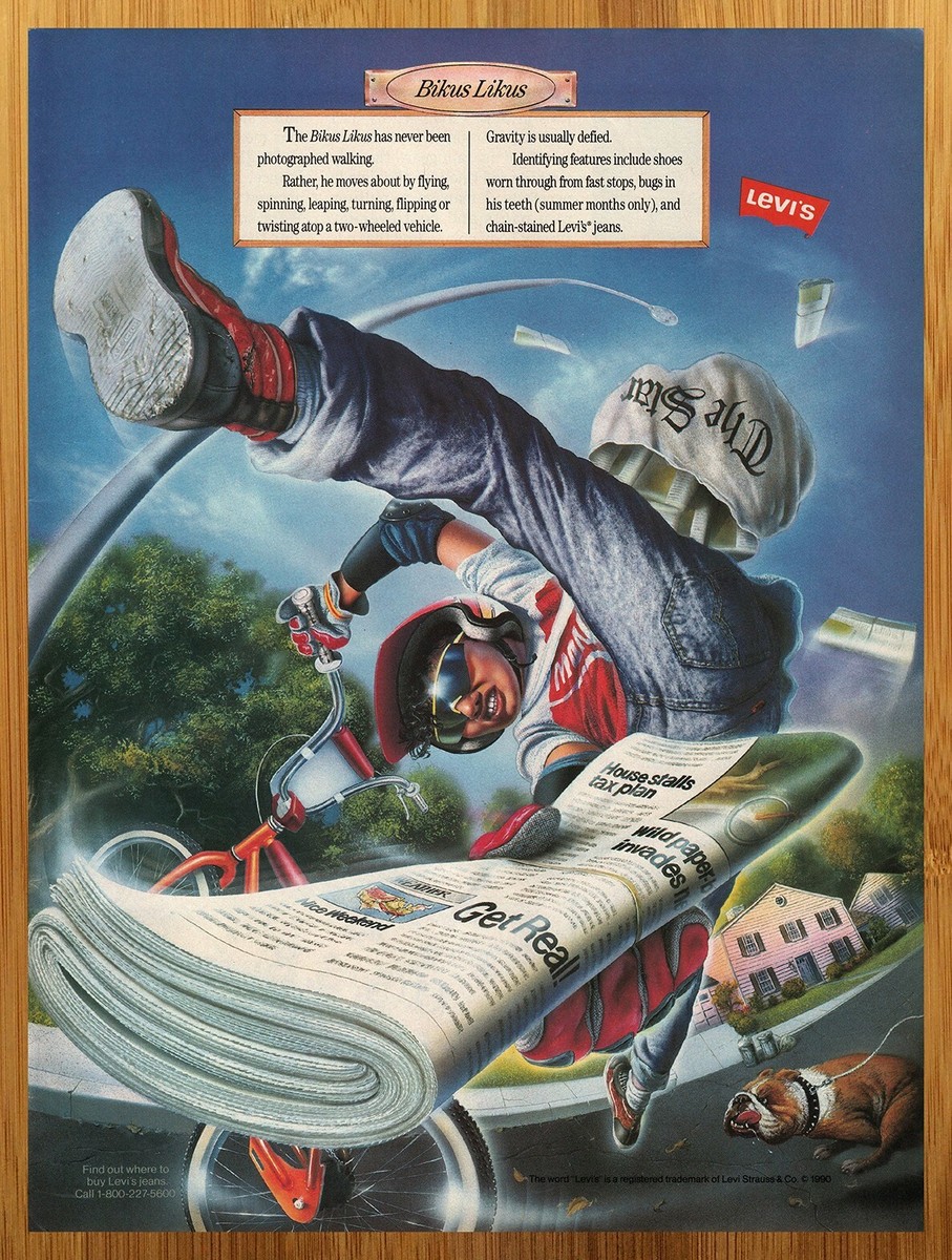 1990 Levi's Jeans Print Ad/Poster Paperboy BMX Bike No Fear