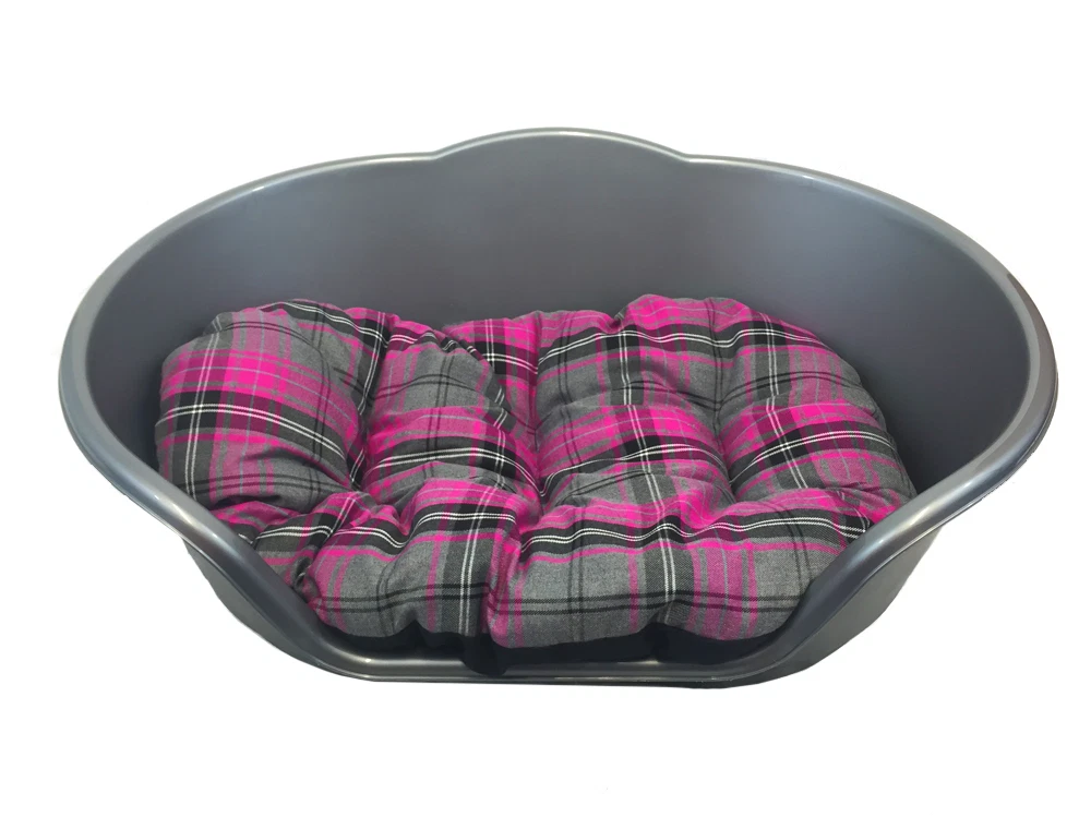 EXTRA LARGE PLASTIC SILVER / GREY WITH PINK TARTAN CUSHION PET BED DOG/ CAT