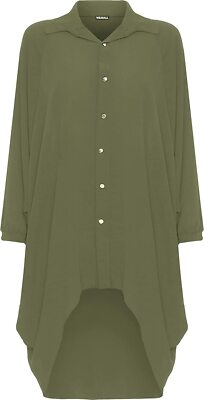 Damen Übergröße Fledermaus Shirt Kleid Langarm Tauchsaum Hi Lo Knopf Kragen Oberteil