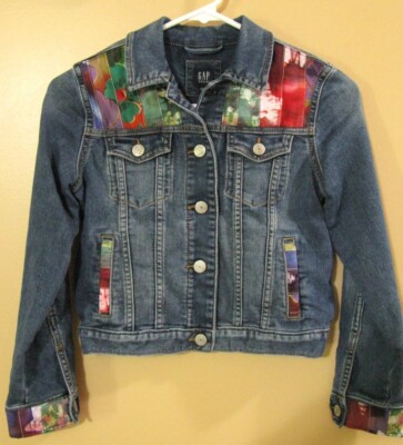 Upcycled Blue Denim Jean Jacket Embellished Batik Fabric Girls Size Medium