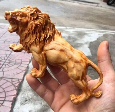 NEW Natural Cypress Wood Hand Carved Mighty Lion Statue Animal Sculpture Decor