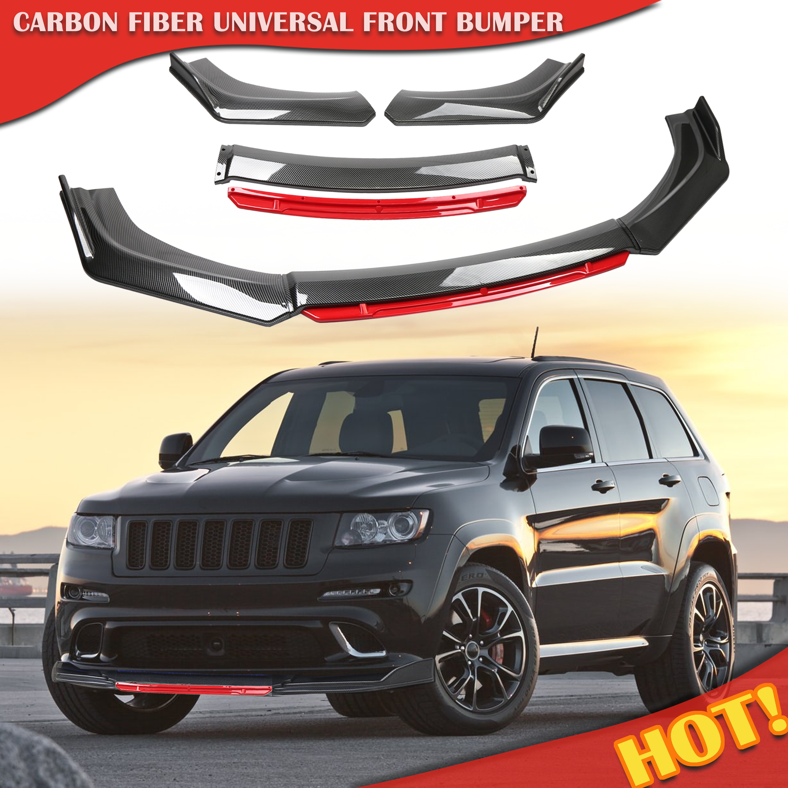 For Jeep Grand Cherokee SRT8 Front Bumper Lip Spoiler Splitter Body Carbon+Red