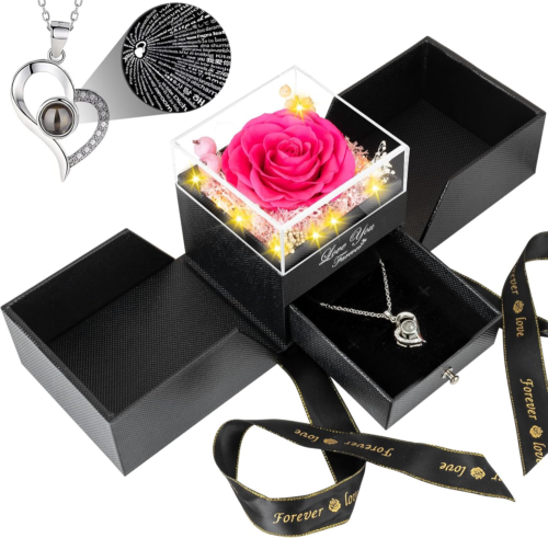 Preserved Dark Pink Real Rose -Eternal Flowers Rose Gifts for Mom Grandma Wife G