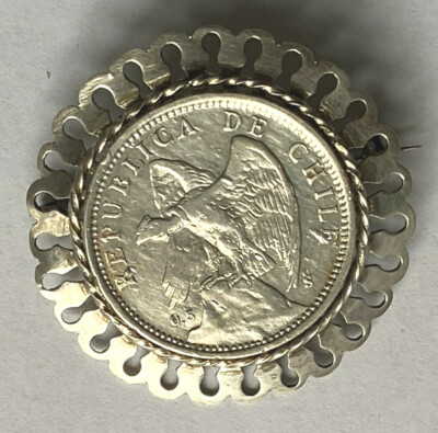 Münzschmuck - Brosche mit Silberfassung -  Chile 1 un Peso 1927 - 500er Silber