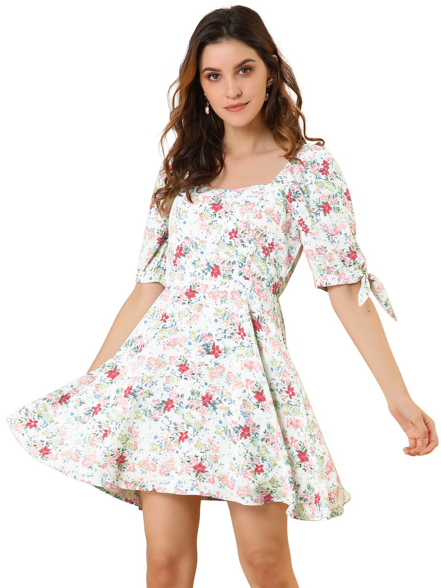 Allegra K Women's Floral Sweetheart Neck Puff Sleeve A-Line Mini Dress - Green Allegra K Women's Floral Sweetheart Neck Puff Sleeve A-Line Mini Dress - Green