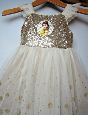 Disney Store Princess Belle Dress Gold Sequins Beauty And The Beast Size 5/6.