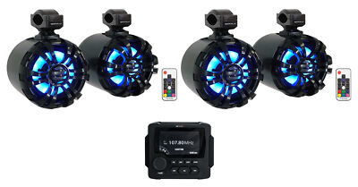 MB Quart GMR-LED Marine/Boat Bluetooth Receiver+4) Black 6.5'' LED Tower Speakers