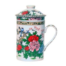Keramik Teetasse mit Deckel + Sieb für Losen Tee mit Asiatischem Motiv, Tasse