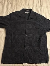 Perry Ellis Mens Short Sleeve Button Up Shirt XL Casual Paisley Blue