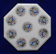 30" Marble Corner Table Top semi precious stones Floral malachite Inlay peacock