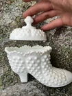 Large VTG Fenton White Milk Glass Hobnail Victorian Shoe Boot w/ Lid Candy Dish