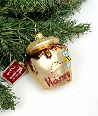Glass Christmas Ornament Gold Glittered Honey Pot with Detailed Bee Poland