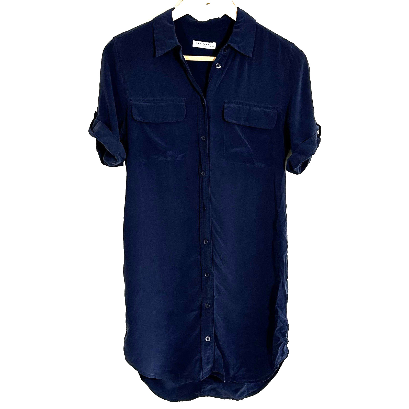 Femme Silk Dress Xs Navy Blue Button Front Shirtdress Short 