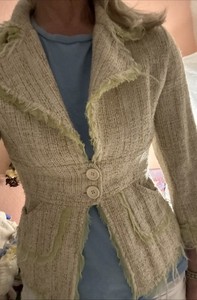 Anna Rita N Beige Tweed 3/4 Sleeve Blazer Fringe Sequins Euc 44 S 