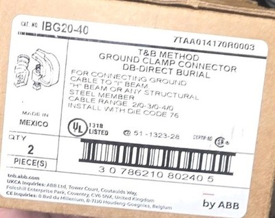 Box Of 2-Thomas & Betts IBG20-40 Method Ground Clamp Connector Direct Burial T&B
