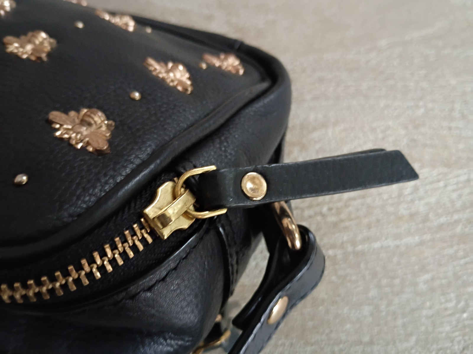Nooki London Black Leather Crossbody Bag with Gold Bee Studs image 3