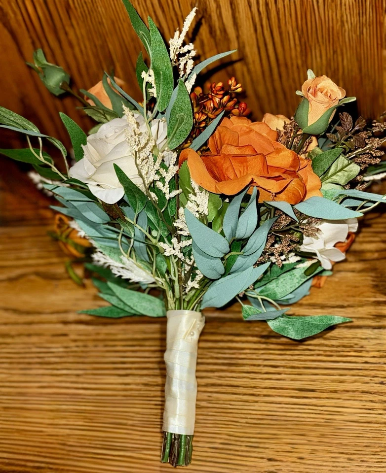Настоящее прикосновение поддельные искусственные подружки невесты свадебный букет богемное ржавчины оранжевый  - Изображение 4 из 4