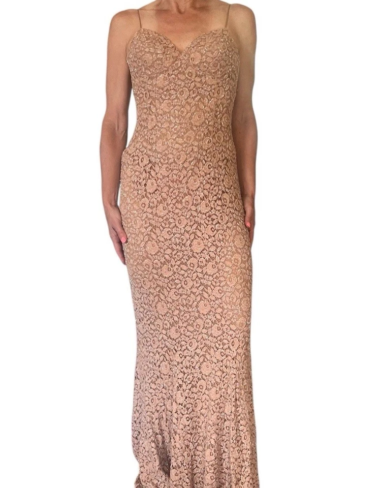 VTG. CARMEN MARC VALVO GOWN BEADED LACE MERMAID SWEETHEART NUDE BLUSH COCKTAIL 6 - Image 2 of 4