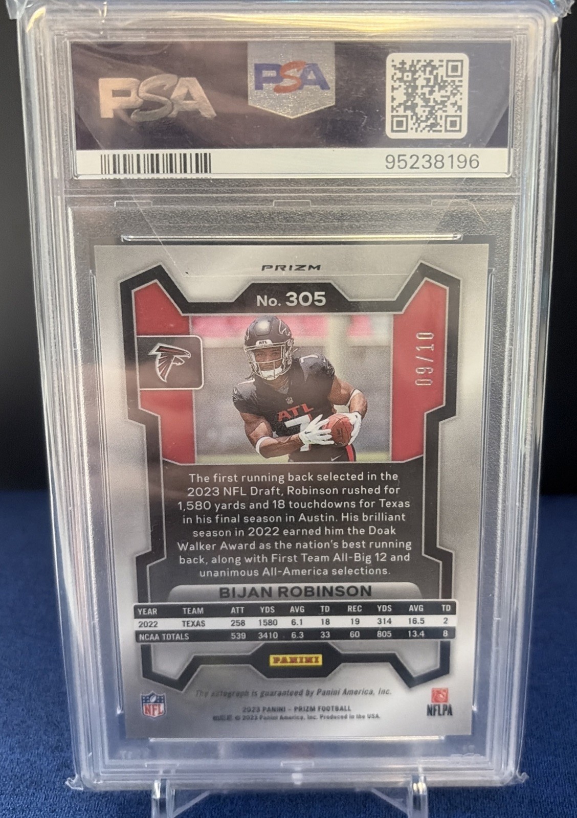 2023 PANINI PRIZM BIJAN ROBINSON ROOKIE GOLD NO HUDDLE AUTO #d 9 /10 PSA 9 #305 view 2