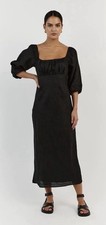 Dissh Dress Size 8 AU&UK/4 US Black Midi Linen Lilah Puff Sleeves Ruched Bodice