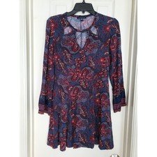 American Eagle Dress Blue Red Paisley Boho Keyhole Long Sleeve Mini Size M