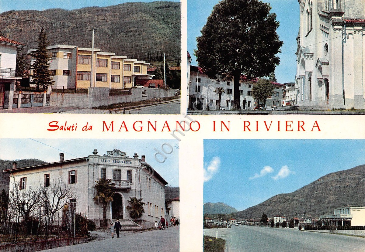Cartolina Magnano in Riviera vedute varie paese Asili case strada Chiesa