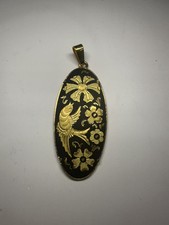 Vintage Gold Inlay Damascene Bird Floral Flower Long Oval Pendant for Necklace