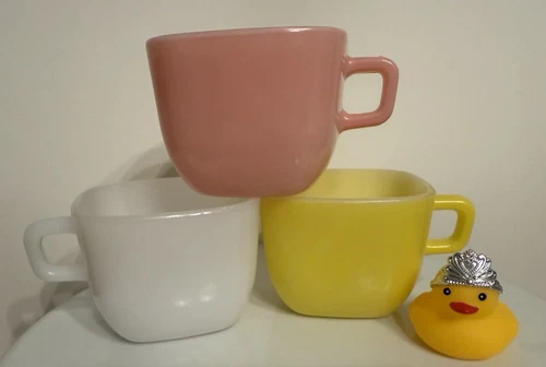 Vintage Lipton Glassbake  Mugs Cups Square Milk Glass 1960s Set of 3