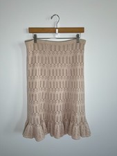 Womens Midi Skirt 10 Beige Boho Fairy Forest Granola Knit Ruffle Hem