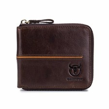 RFID BULLCAPTAIN Men's Cow Genuine Leather Zipper Around Card Slots Coin Wallet