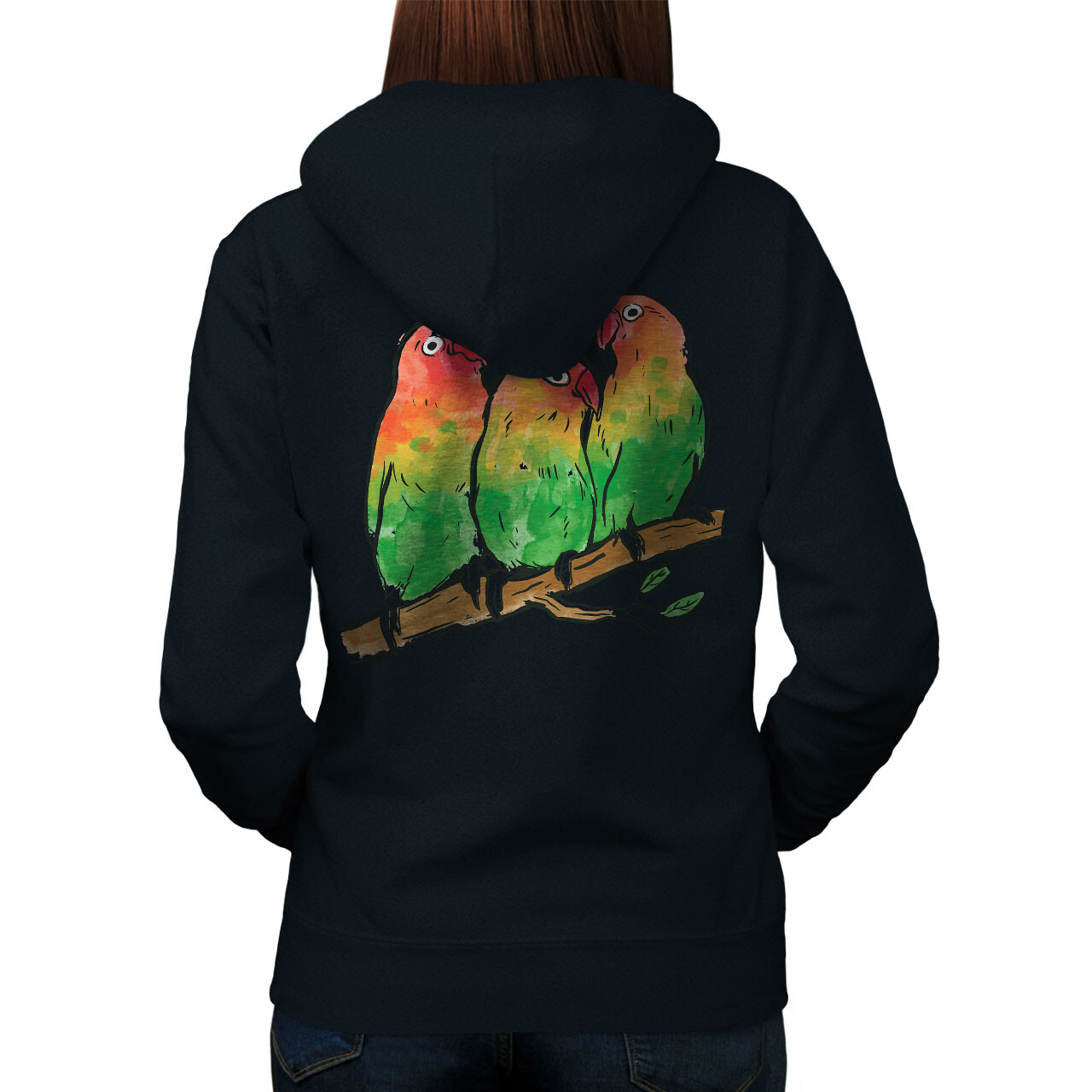 Wellcoda Lovebirds Tropical Vibrant Colorful Womens Hoodie Back