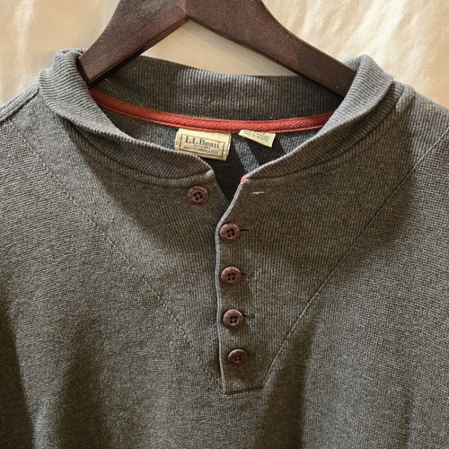 Vintage LL BEAN Button Henley Sweater Long Sleeve 100% Cotton Sz XL Gray - Picture 2 of 5